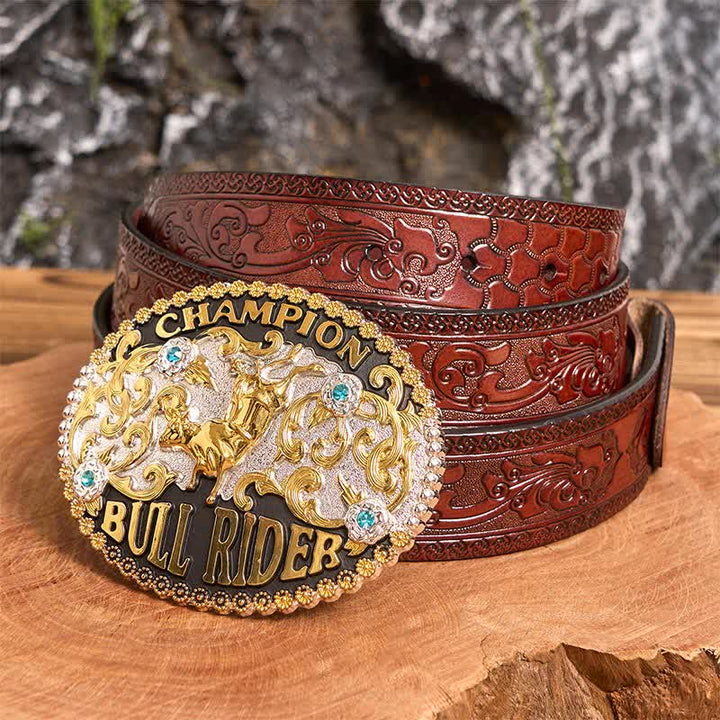 Ceinture en cuir à grande boucle pour homme, motif Golden Bull Champion Bull Rider - Taureau d'or - Ceinture marron sculptée - 42 - image 5
