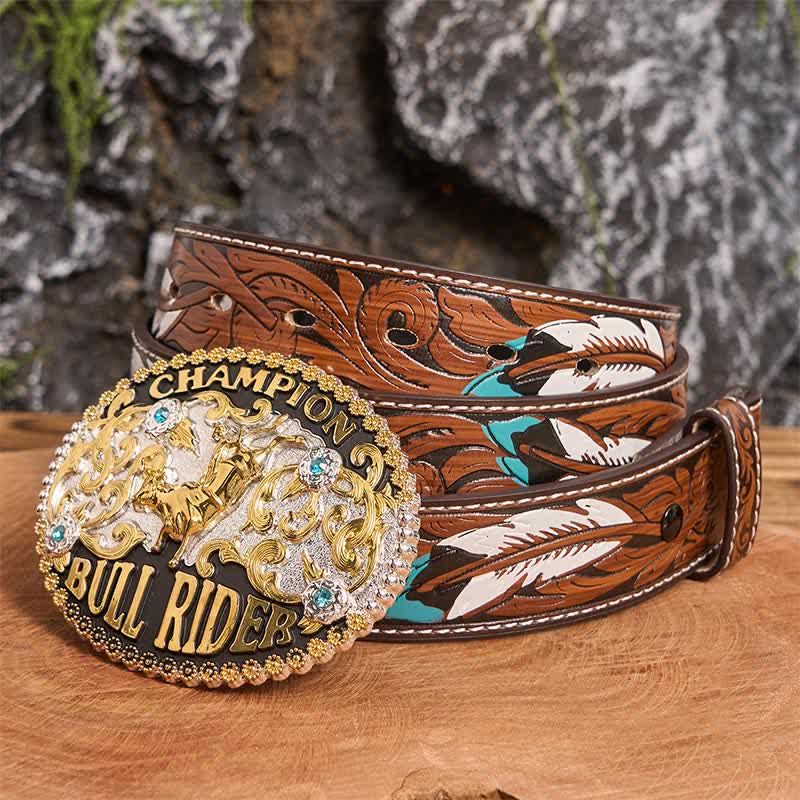 Ceinture en cuir à grande boucle pour homme, motif Golden Bull Champion Bull Rider - Taureau d'or - Ceinture à plumes marron - 40 - image 6