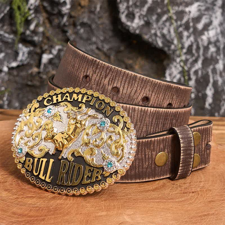 Ceinture en cuir à grande boucle pour homme, motif Golden Bull Champion Bull Rider - Taureau d'or - Ceinture marron vieillie - 42 - image 4