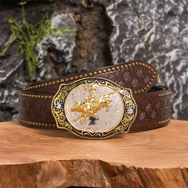 Ceinture en cuir à boucle de cowboy western dorée et noire à faire soi-même - Équitation - Ceinture à rivets marron - 42 - image 5