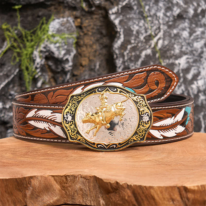 Ceinture en cuir à boucle de cowboy western dorée et noire à faire soi-même - Équitation - Ceinture à plumes marron - 40 - image 8