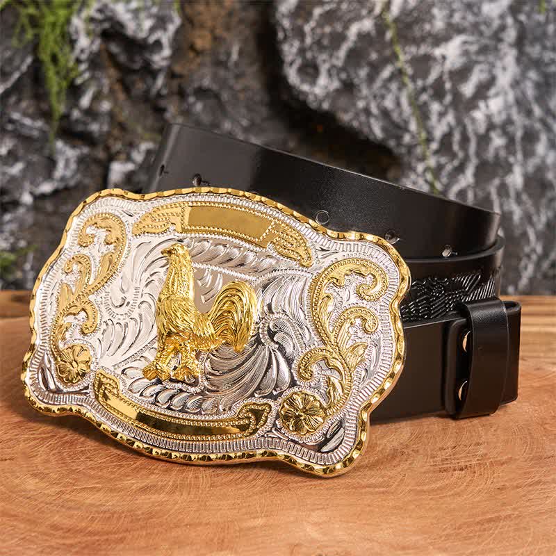 Ceinture en cuir à boucle style cowboy western à faire soi-même avec coq doré - Coq - Ceinture noire avec aigle en relief - 42 - image 2