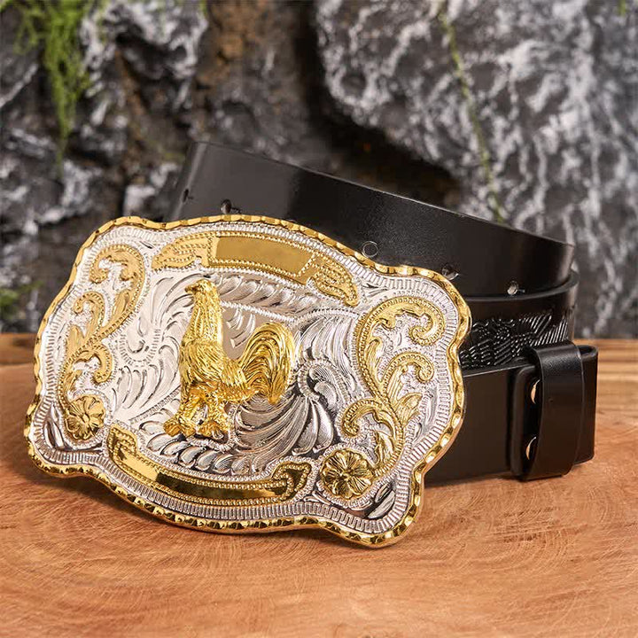 Ceinture en cuir à boucle style cowboy western à faire soi-même avec coq doré - Coq - Ceinture noire avec aigle en relief - 42 - image 2