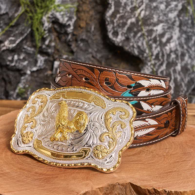 Ceinture en cuir à boucle style cowboy western à faire soi-même avec coq doré - Coq - Ceinture à plumes marron - 40 - image 9