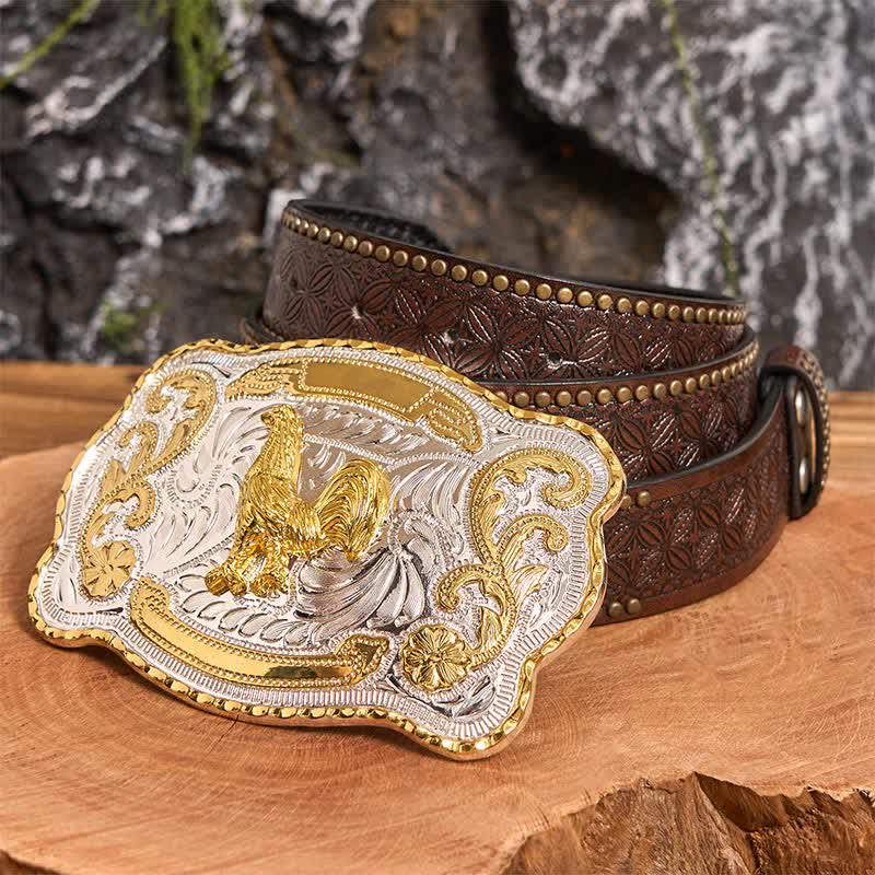 Ceinture en cuir à boucle style cowboy western à faire soi-même avec coq doré - Coq - Ceinture à rivets marron - 42 - image 6