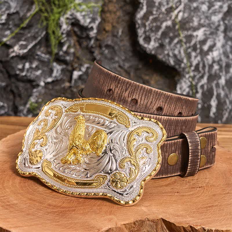 Ceinture en cuir à boucle style cowboy western à faire soi-même avec coq doré - Coq - Ceinture marron vieillie - 42 - image 7
