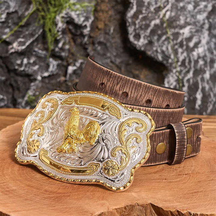 Ceinture en cuir à boucle style cowboy western à faire soi-même avec coq doré - Coq - Ceinture marron vieillie - 42 - image 7