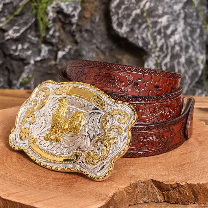 Ceinture en cuir à boucle style cowboy western à faire soi-même avec coq doré - Coq - Ceinture marron sculptée - 42 - image 8