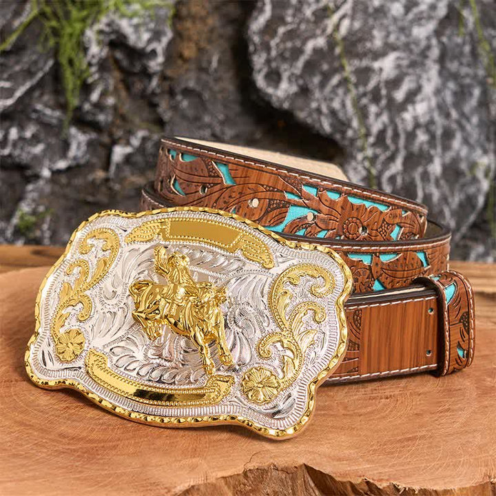 Ceinture en cuir à boucle style cowboy western à faire soi-même, style équitation dorée - Équitation - Ceinture sculptée en turquoise - 42 - image 5