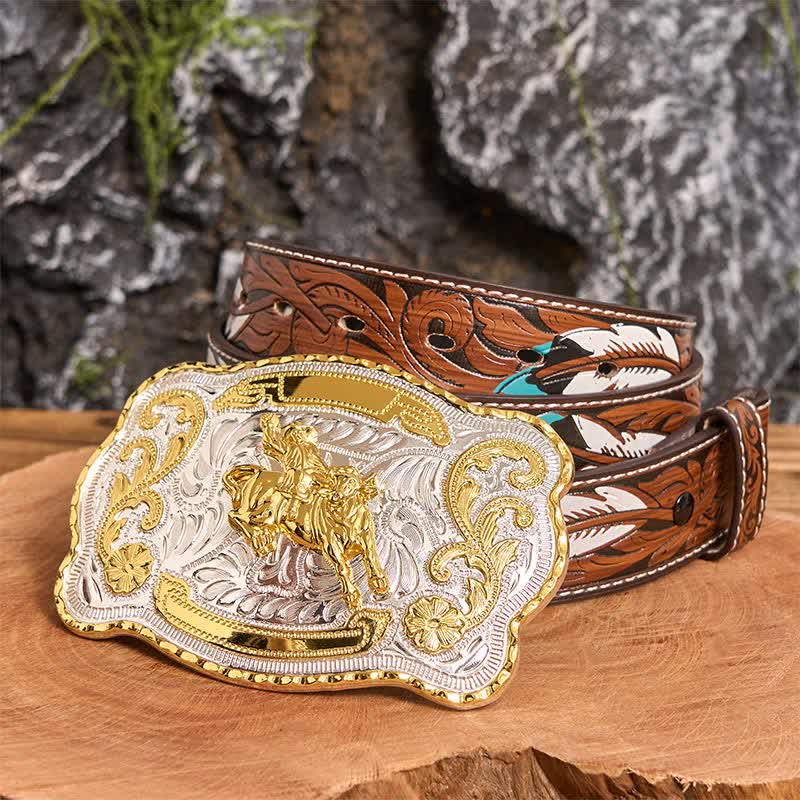 Ceinture en cuir à boucle style cowboy western à faire soi-même, style équitation dorée - Équitation - Ceinture à plumes marron - 40 - image 9