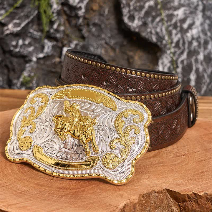 Ceinture en cuir à boucle style cowboy western à faire soi-même, style équitation dorée - Équitation - Ceinture à rivets marron - 42 - image 6