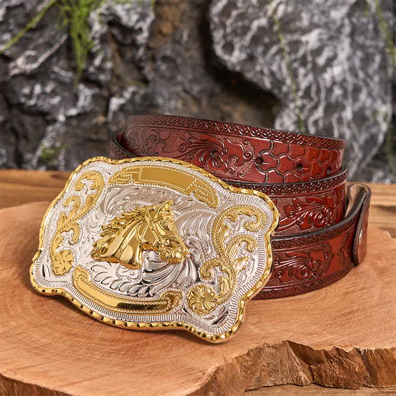 Ceinture en cuir à boucle style cowboy western à tête de cheval dorée - Tête de cheval - Ceinture marron sculptée - 42 - image 7