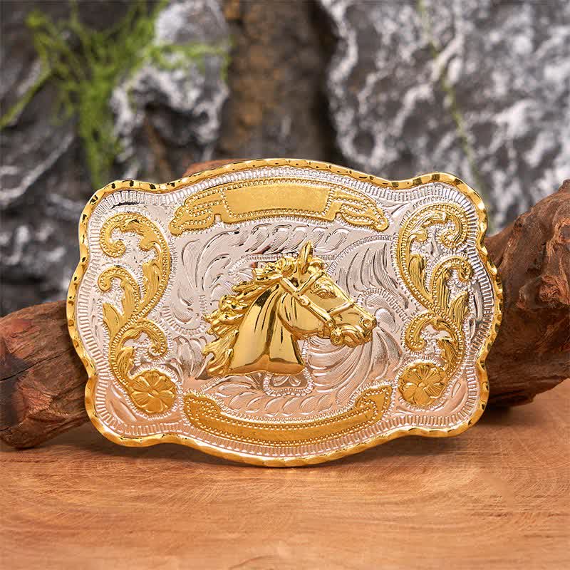 Ceinture en cuir à boucle style cowboy western à tête de cheval dorée - Tête de cheval - Sans ceinture - Ceinture non incluse - image 1