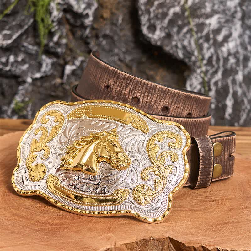 Ceinture en cuir à boucle style cowboy western à tête de cheval dorée - Tête de cheval - Ceinture marron vieillie - 42 - image 6