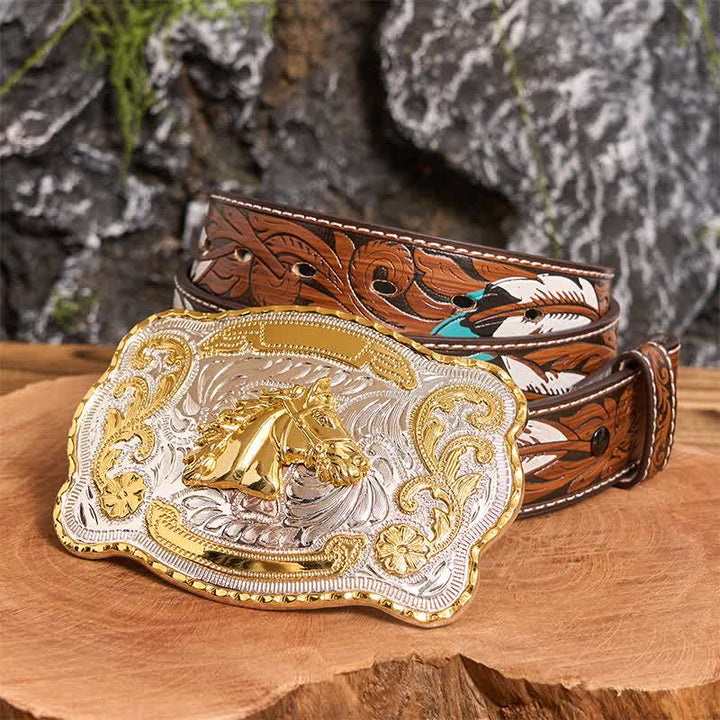 Ceinture en cuir à boucle style cowboy western à tête de cheval dorée - Tête de cheval - Ceinture à plumes marron - 40 - image 8