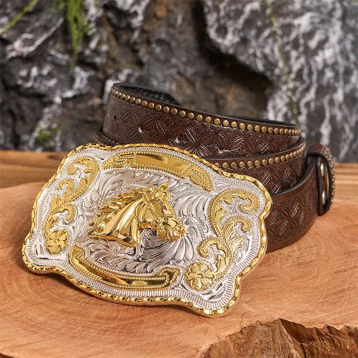 Ceinture en cuir à boucle style cowboy western à tête de cheval dorée - Tête de cheval - Ceinture à rivets marron - 42 - image 5