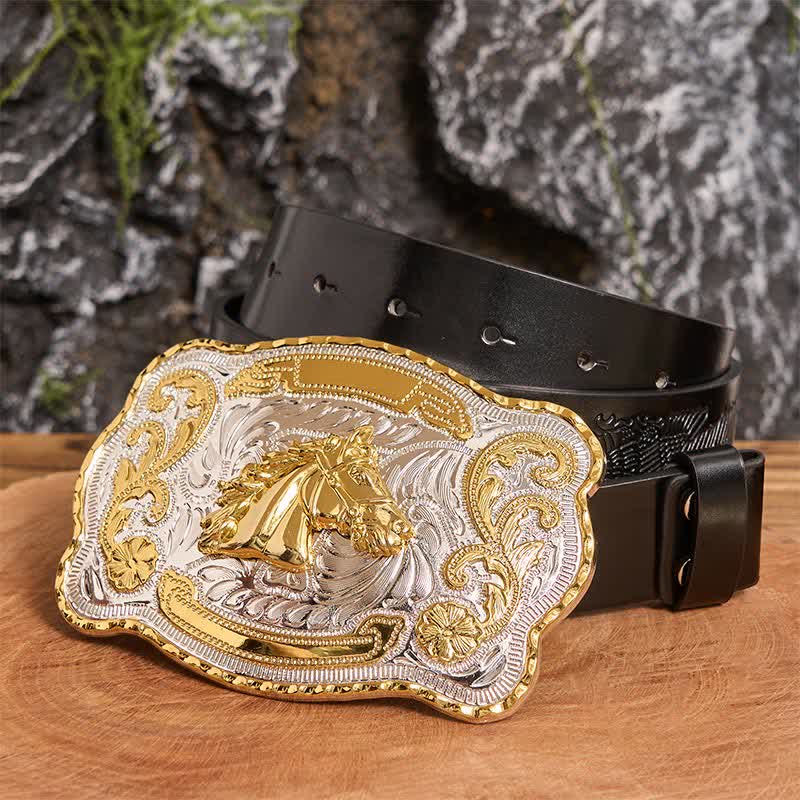 Ceinture en cuir à boucle style cowboy western à tête de cheval dorée - Tête de cheval - Ceinture noire avec aigle en relief - 42 - image 2