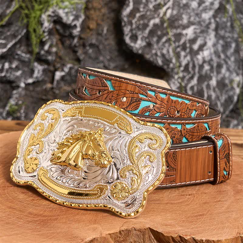 Ceinture en cuir à boucle style cowboy western à tête de cheval dorée - Tête de cheval - Ceinture sculptée en turquoise - 42 - image 4