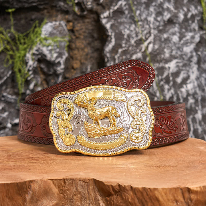 Ceinture en cuir à boucle style cowboy western à faire soi-même, motif cerf doré - Cerf - Ceinture marron sculptée - 42 - image 8