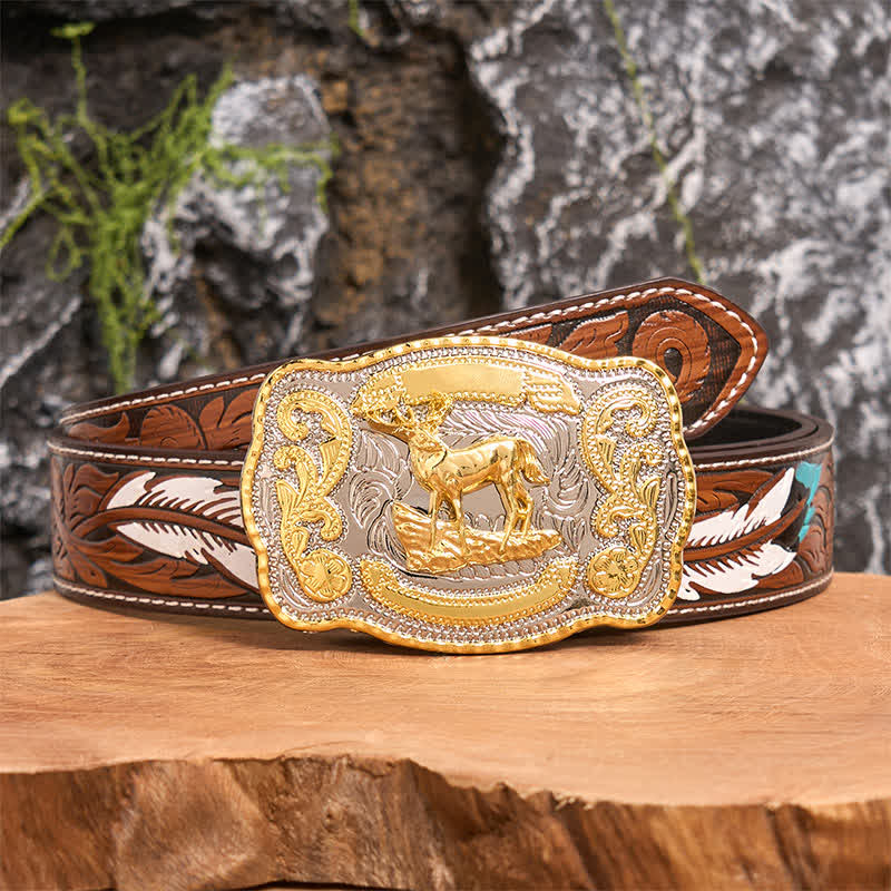 Ceinture en cuir à boucle style cowboy western à faire soi-même, motif cerf doré - Cerf - Ceinture à plumes marron - 40 - image 9