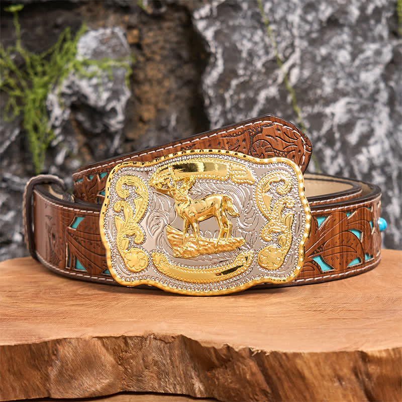 Ceinture en cuir à boucle style cowboy western à faire soi-même, motif cerf doré - Cerf - Ceinture sculptée en turquoise - 42 - image 5
