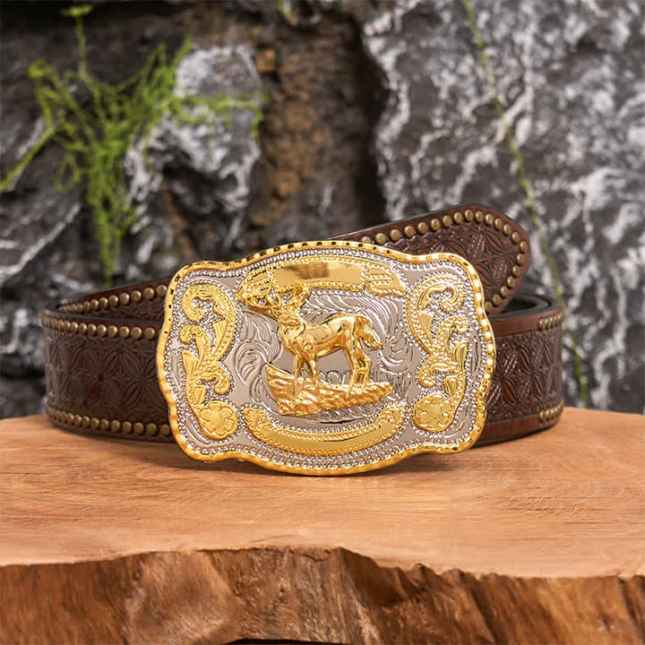Ceinture en cuir à boucle style cowboy western à faire soi-même, motif cerf doré - Cerf - Ceinture à rivets marron - 42 - image 6