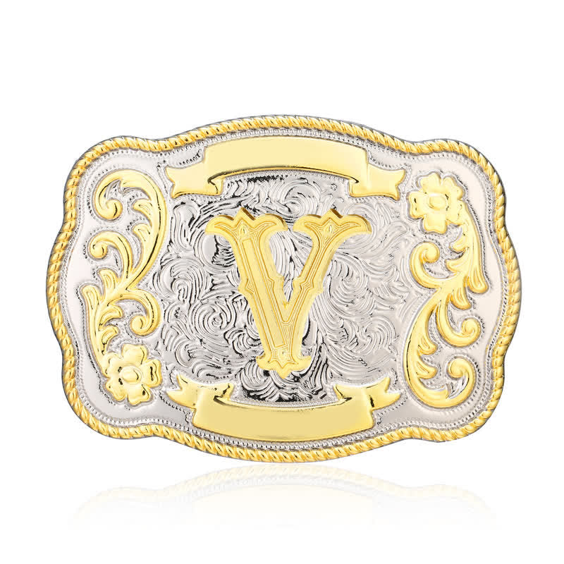 Ceinture en cuir à boucle initiale Western dorée et argentée - V - Sans ceinture - image 21