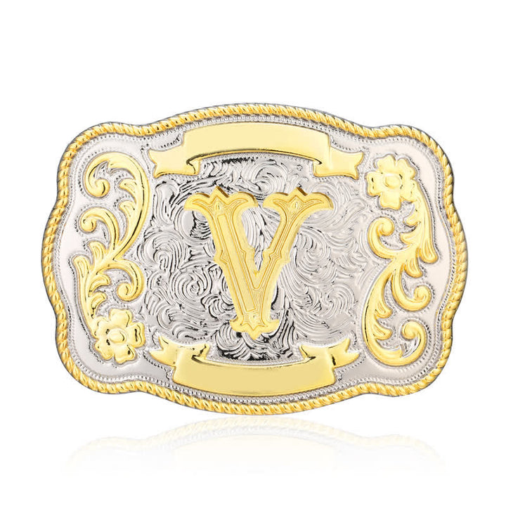 Ceinture en cuir à boucle initiale Western dorée et argentée - V - Sans ceinture - image 21