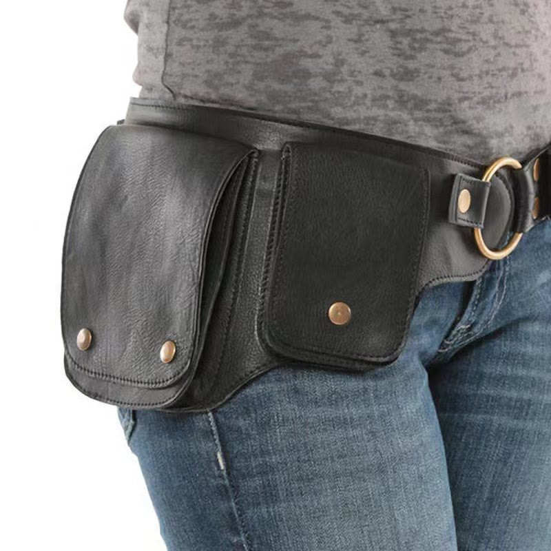 Sac ceinture unisexe rétro en cuir avec bouton de rangement pour téléphone - Noir - image 1