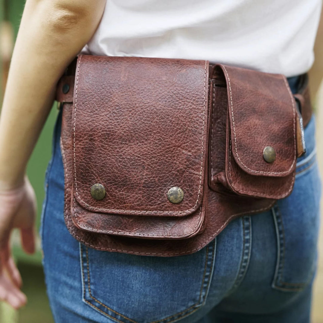 Sac ceinture unisexe rétro en cuir avec bouton de rangement pour téléphone - Brun - image 8