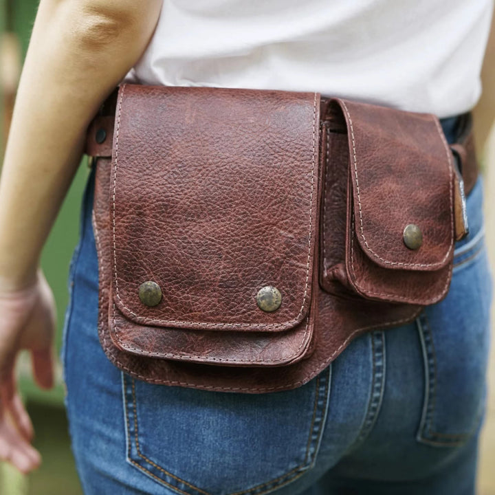 Sac ceinture unisexe rétro en cuir avec bouton de rangement pour téléphone - Brun - image 8