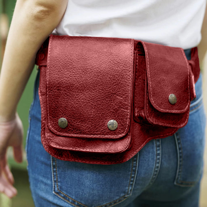 Sac ceinture unisexe rétro en cuir avec bouton de rangement pour téléphone - Rouge - image 6