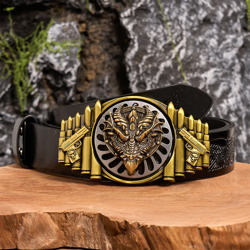Ceinture en cuir à boucle rotative DIY en bronze avec dragon à bec pointu - Dragon à bec pointu - Ceinture noire avec aigle en relief - 42 - image 3