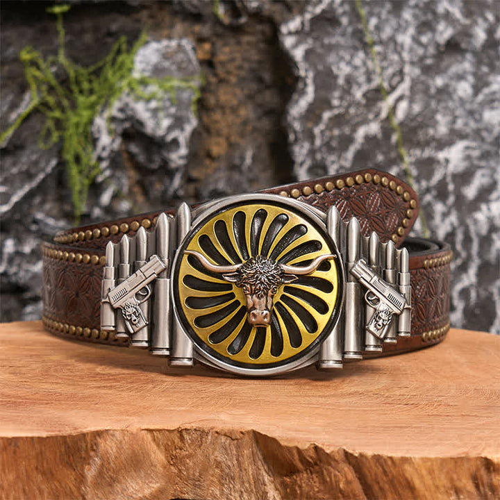 Ceinture en cuir à boucle rotative avec tête de taureau argentée occidentale - Tête de taureau - Ceinture à rivets marron - 42 - image 5