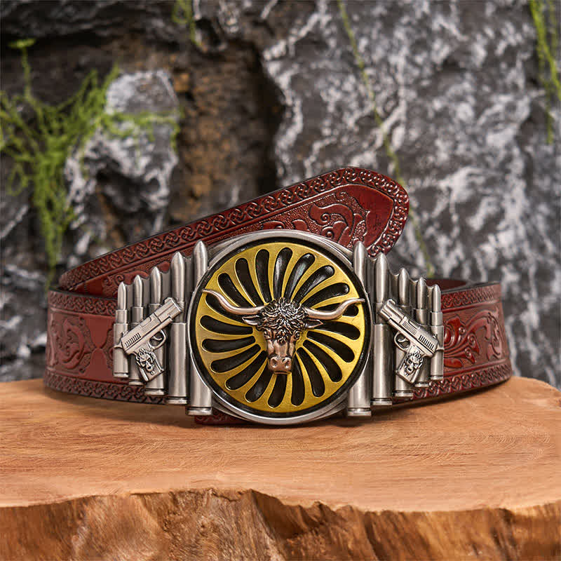 Ceinture en cuir à boucle rotative avec tête de taureau argentée occidentale - Tête de taureau - Ceinture marron sculptée - 42 - image 7