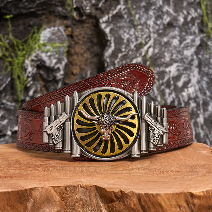 Ceinture en cuir à boucle rotative avec tête de taureau argentée occidentale - Tête de taureau - Ceinture marron sculptée - 42 - image 7