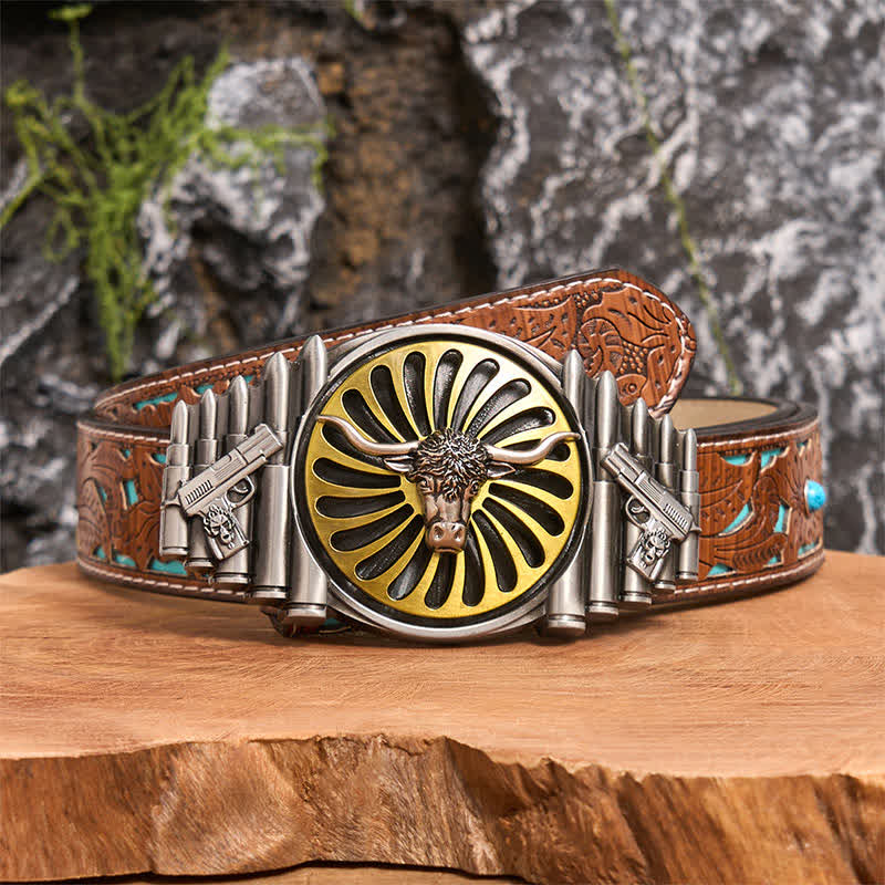Ceinture en cuir à boucle rotative avec tête de taureau argentée occidentale - Tête de taureau - Ceinture sculptée en turquoise - 42 - image 4