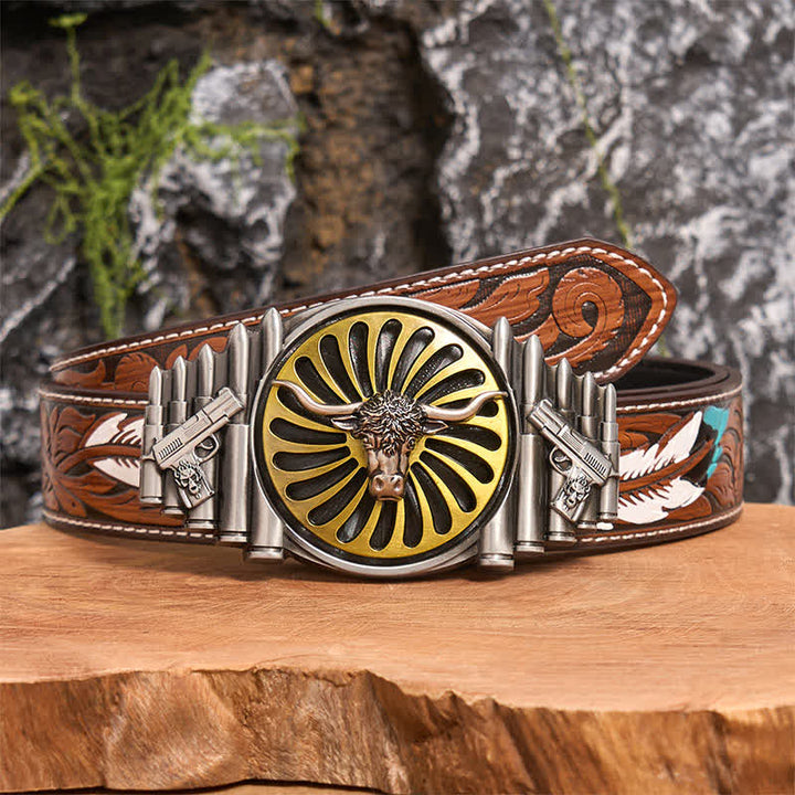 Ceinture en cuir à boucle rotative avec tête de taureau argentée occidentale - Tête de taureau - Ceinture à plumes marron - 40 - image 8