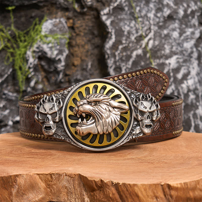Ceinture en cuir à boucle rotative avec tête de tigre rugissante et crâne argenté - Tête de tigre - Ceinture à rivets marron - 42 - image 5