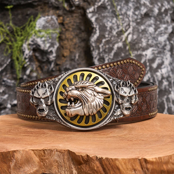 Ceinture en cuir à boucle rotative avec tête de tigre rugissante et crâne argenté - Tête de tigre - Ceinture à rivets marron - 42 - image 5