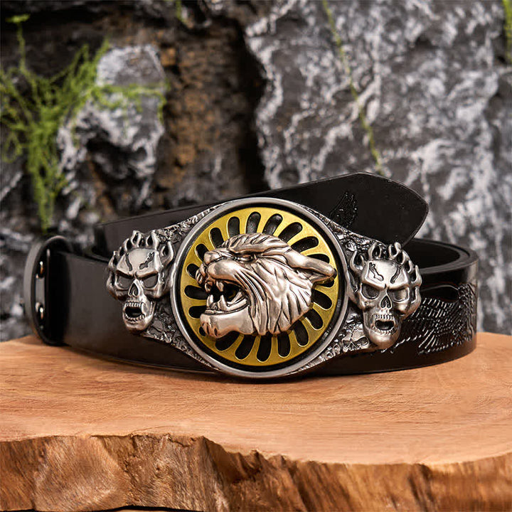Ceinture en cuir à boucle rotative avec tête de tigre rugissante et crâne argenté - Tête de tigre - Ceinture noire avec aigle en relief - 42 - image 3