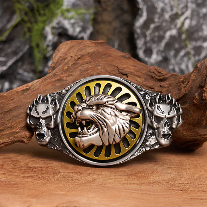 Ceinture en cuir à boucle rotative avec tête de tigre rugissante et crâne argenté - Tête de tigre - Sans ceinture - Ceinture non incluse - image 1