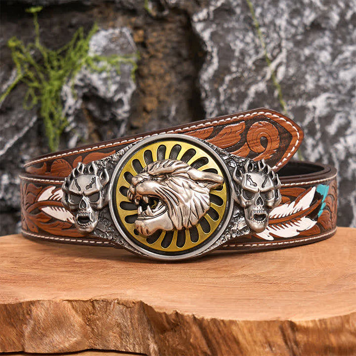 Ceinture en cuir à boucle rotative avec tête de tigre rugissante et crâne argenté - Tête de tigre - Ceinture à plumes marron - 40 - image 6