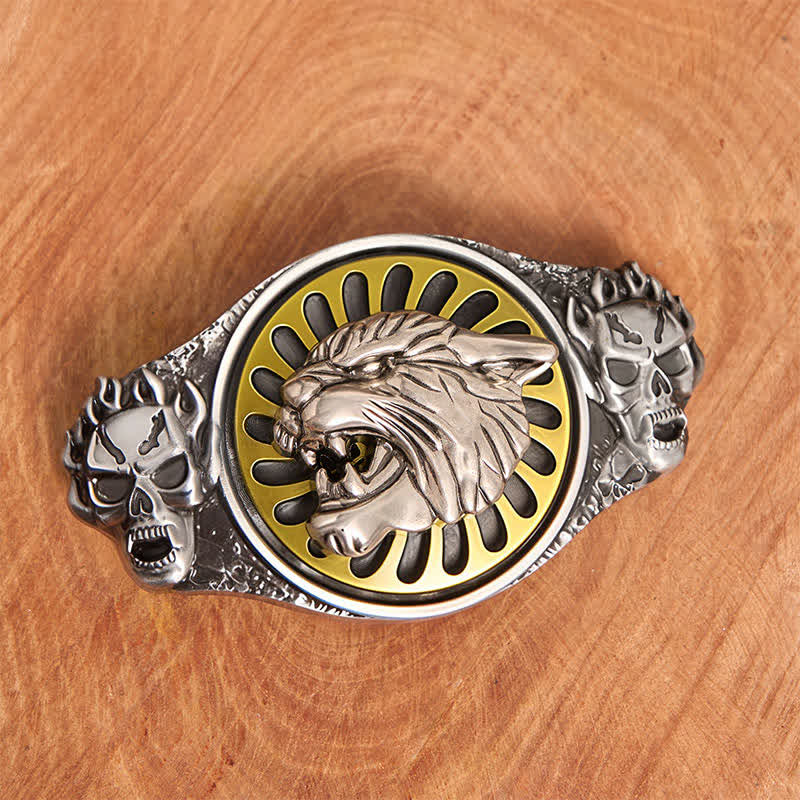 Ceinture en cuir à boucle rotative avec tête de tigre rugissante et crâne argenté - image 2