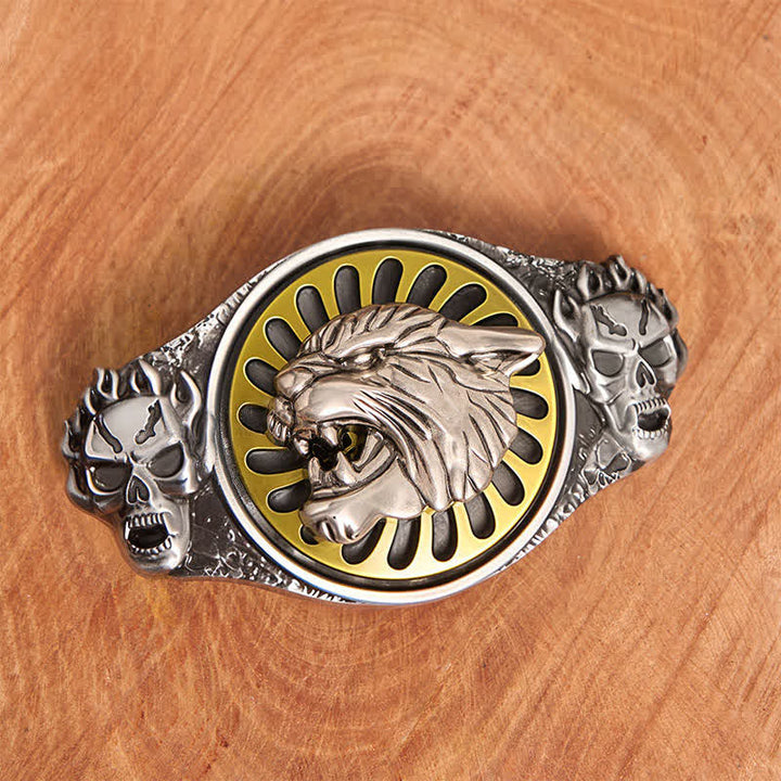 Ceinture en cuir à boucle rotative avec tête de tigre rugissante et crâne argenté - image 2