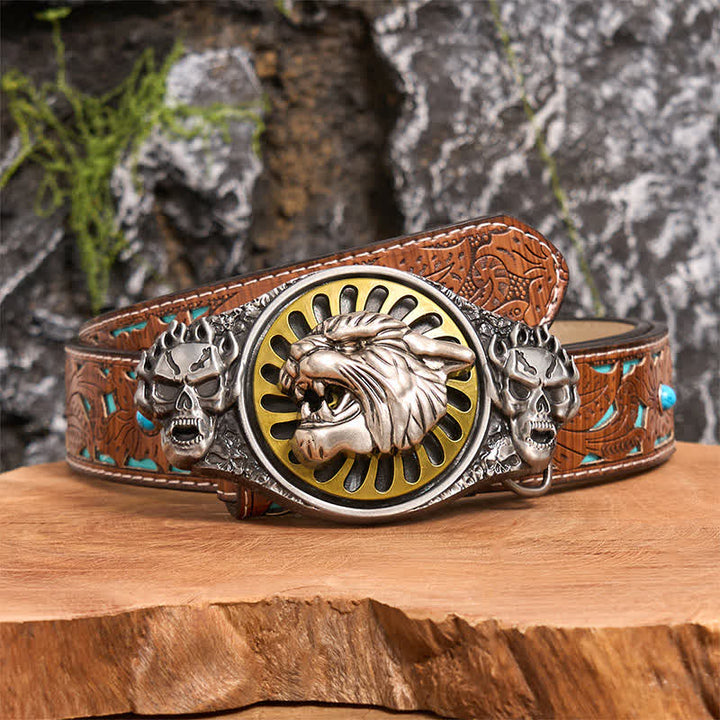 Ceinture en cuir à boucle rotative avec tête de tigre rugissante et crâne argenté - Tête de tigre - Ceinture sculptée en turquoise - 42 - image 4