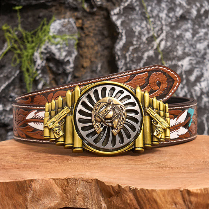 Boucle de ceinture en cuir à motif de fer à cheval rotatif en bronze, motif pistolet et balle - Fer à cheval - Ceinture à plumes marron - 40 - image 8