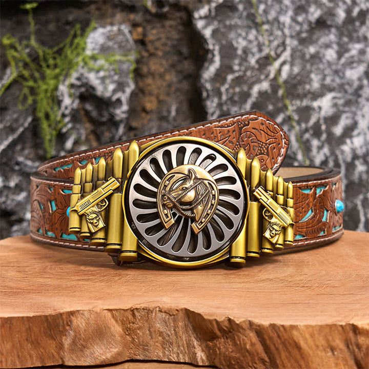 Boucle de ceinture en cuir à motif de fer à cheval rotatif en bronze, motif pistolet et balle - Fer à cheval - Ceinture sculptée en turquoise - 42 - image 4