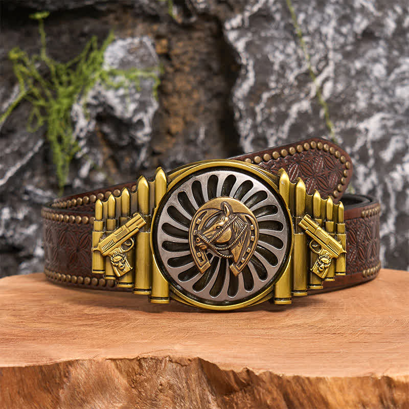 Boucle de ceinture en cuir à motif de fer à cheval rotatif en bronze, motif pistolet et balle - Fer à cheval - Ceinture à rivets marron - 42 - image 5