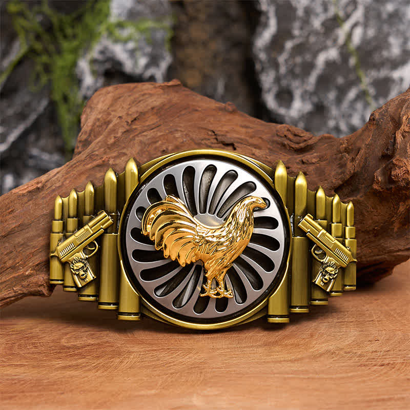Ceinture en cuir à boucle rotative avec motif pistolet et balle en bronze - Coq - Sans ceinture - Ceinture non incluse - image 1